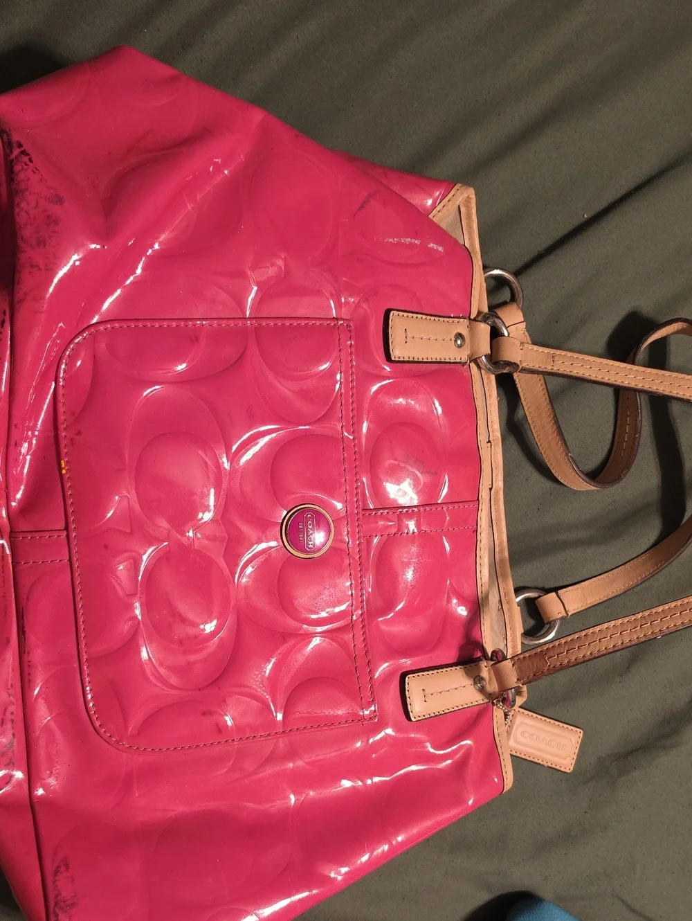 Coach Pink Patent Tote with Tan Leather Straps